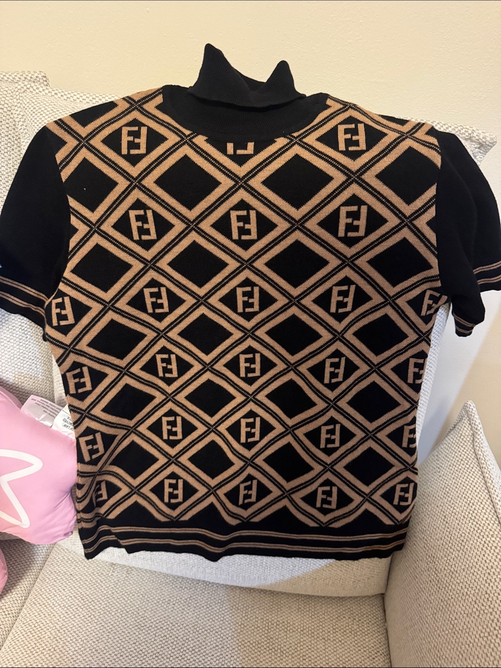 Vintage fendi Black & Tan Geometric Logo Knit Mock Neck Top